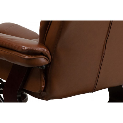BLNK Bali LeatherSoft Contemporary Multi-Position Recliner with Horizontal Stitching and Ottoman with Swivel Mahogany Wood Base - Vintage Brown