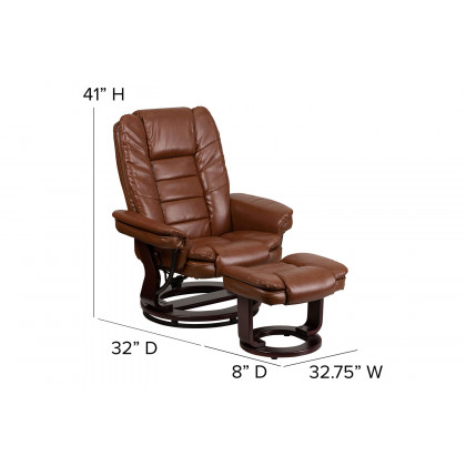 BLNK Bali LeatherSoft Contemporary Multi-Position Recliner with Horizontal Stitching and Ottoman with Swivel Mahogany Wood Base - Vintage Brown