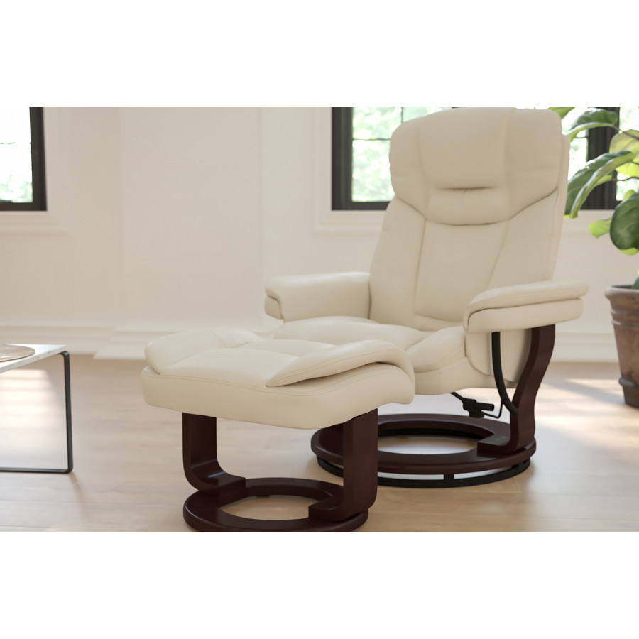 BLNK Allie LeatherSoft Contemporary Multi-Position Recliner and Curved Ottoman with Swivel Mahogany Wood Base - Beige