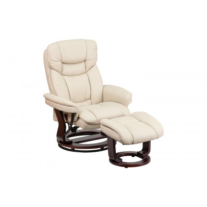 BLNK Allie LeatherSoft Contemporary Multi-Position Recliner and Curved Ottoman with Swivel Mahogany Wood Base - Beige