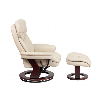 BLNK Allie LeatherSoft Contemporary Multi-Position Recliner and Curved Ottoman with Swivel Mahogany Wood Base - Beige