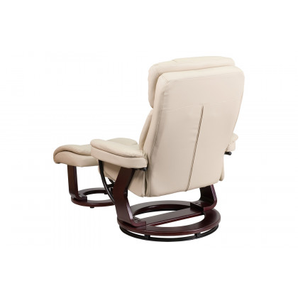 BLNK Allie LeatherSoft Contemporary Multi-Position Recliner and Curved Ottoman with Swivel Mahogany Wood Base - Beige