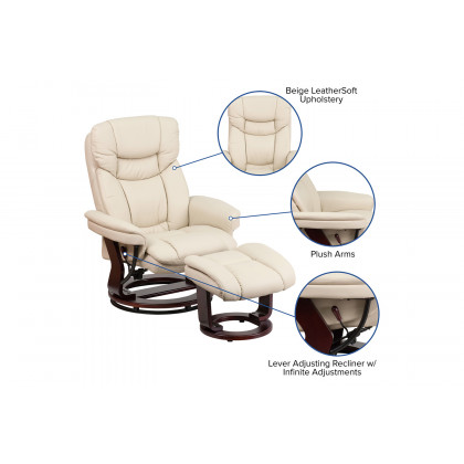 BLNK Allie LeatherSoft Contemporary Multi-Position Recliner and Curved Ottoman with Swivel Mahogany Wood Base - Beige