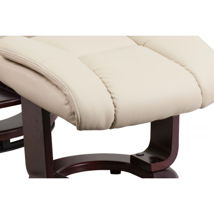 BLNK Allie LeatherSoft Contemporary Multi-Position Recliner and Curved Ottoman with Swivel Mahogany Wood Base - Beige