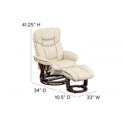 BLNK Allie LeatherSoft Contemporary Multi-Position Recliner and Curved Ottoman with Swivel Mahogany Wood Base - Beige