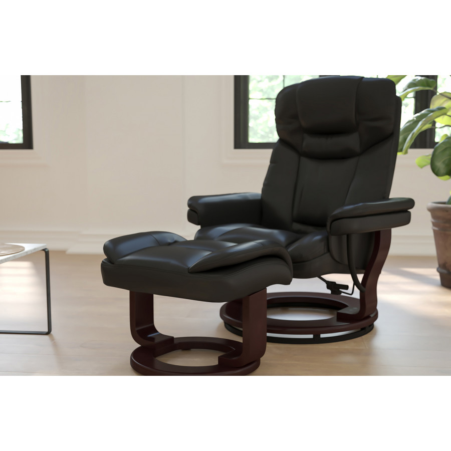 BLNK Allie LeatherSoft Contemporary Multi-Position Recliner and Curved Ottoman with Swivel Mahogany Wood Base - Black