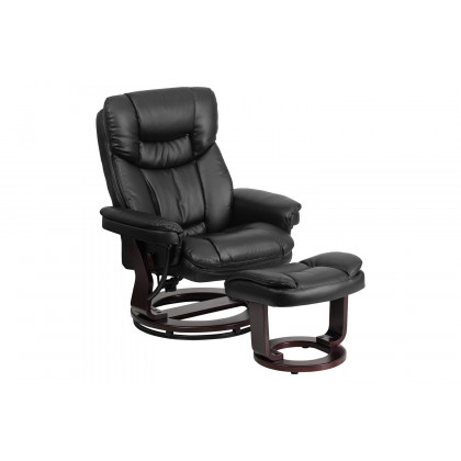BLNK Allie LeatherSoft Contemporary Multi-Position Recliner and Curved Ottoman with Swivel Mahogany Wood Base - Black