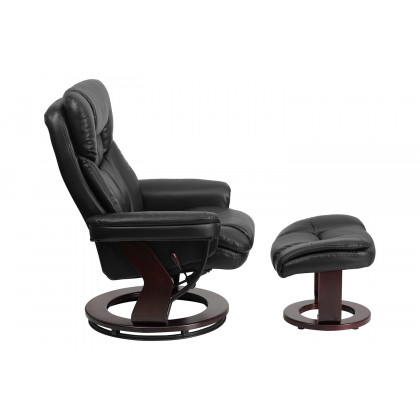BLNK Allie LeatherSoft Contemporary Multi-Position Recliner and Curved Ottoman with Swivel Mahogany Wood Base - Black
