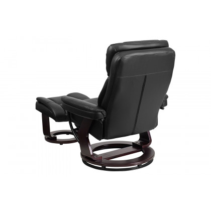 BLNK Allie LeatherSoft Contemporary Multi-Position Recliner and Curved Ottoman with Swivel Mahogany Wood Base - Black