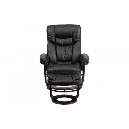 BLNK Allie LeatherSoft Contemporary Multi-Position Recliner and Curved Ottoman with Swivel Mahogany Wood Base - Black