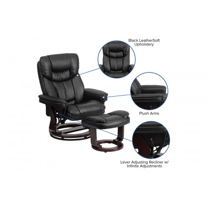 BLNK Allie LeatherSoft Contemporary Multi-Position Recliner and Curved Ottoman with Swivel Mahogany Wood Base - Black