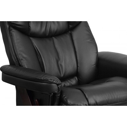 BLNK Allie LeatherSoft Contemporary Multi-Position Recliner and Curved Ottoman with Swivel Mahogany Wood Base - Black