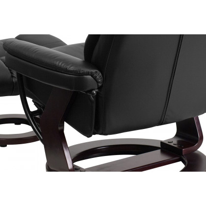 BLNK Allie LeatherSoft Contemporary Multi-Position Recliner and Curved Ottoman with Swivel Mahogany Wood Base - Black
