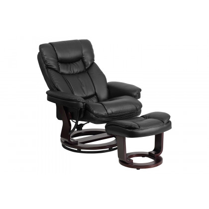 BLNK Allie LeatherSoft Contemporary Multi-Position Recliner and Curved Ottoman with Swivel Mahogany Wood Base - Black
