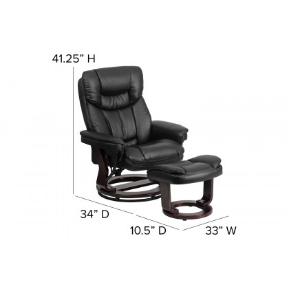 BLNK Allie LeatherSoft Contemporary Multi-Position Recliner and Curved Ottoman with Swivel Mahogany Wood Base - Black