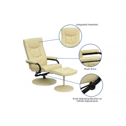 BLNK Rachel LeatherSoft Contemporary Multi-Position Recliner and Ottoman with Wrapped Base - Cream