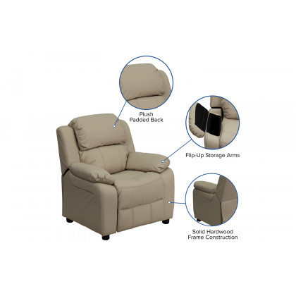 BLNK Charlie Deluxe Vinyl Padded Contemporary Kids Recliner with Storage Arms - Beige