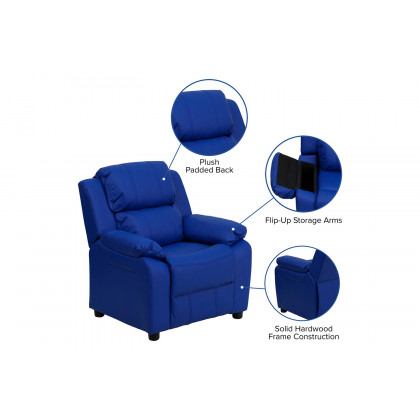 BLNK Charlie Deluxe Vinyl Padded Contemporary Kids Recliner with Storage Arms - Blue