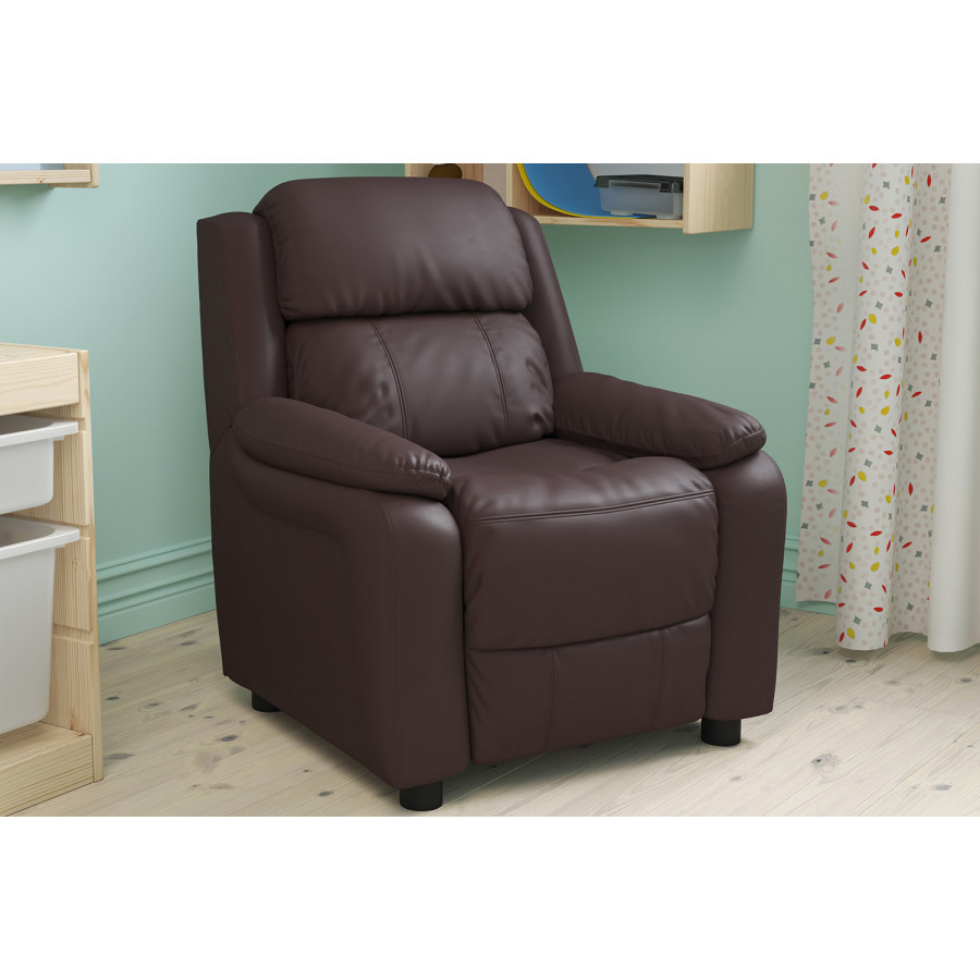 BLNK Charlie Deluxe LeatherSoft Padded Contemporary Kids Recliner with Storage Arms - Brown