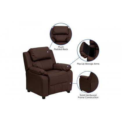 BLNK Charlie Deluxe LeatherSoft Padded Contemporary Kids Recliner with Storage Arms - Brown
