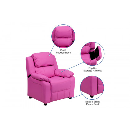 BLNK Charlie Deluxe Vinyl Padded Contemporary Kids Recliner with Storage Arms - Hot Pink