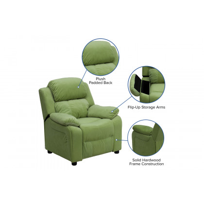 BLNK Charlie Deluxe Microfiber Padded Contemporary Kids Recliner with Storage Arms - Avocado