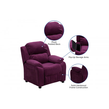 BLNK Charlie Deluxe Microfiber Padded Contemporary Kids Recliner with Storage Arms - Purple