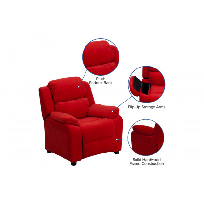 BLNK Charlie Deluxe Microfiber Padded Contemporary Kids Recliner with Storage Arms - Red
