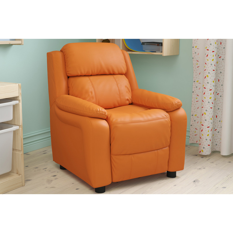 BLNK Charlie Deluxe Vinyl Padded Contemporary Kids Recliner with Storage Arms - Orange