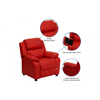 BLNK Charlie Deluxe Vinyl Padded Contemporary Kids Recliner with Storage Arms - Red