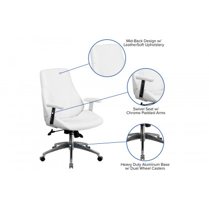 BLNK Hansel LeatherSoft Mid-Back Smooth Upholstered Executive Swivel Office Chair with Arms - White