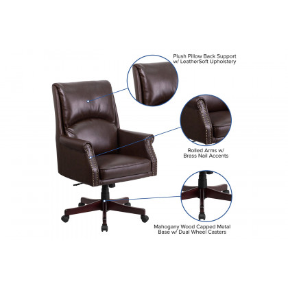 BLNK Hansel LeatherSoft High-Back Pillow Back Executive Swivel Office Chair with Arms - Brown
