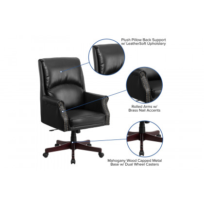 BLNK Hansel LeatherSoft High-Back Pillow Back Executive Swivel Office Chair with Arms - Black