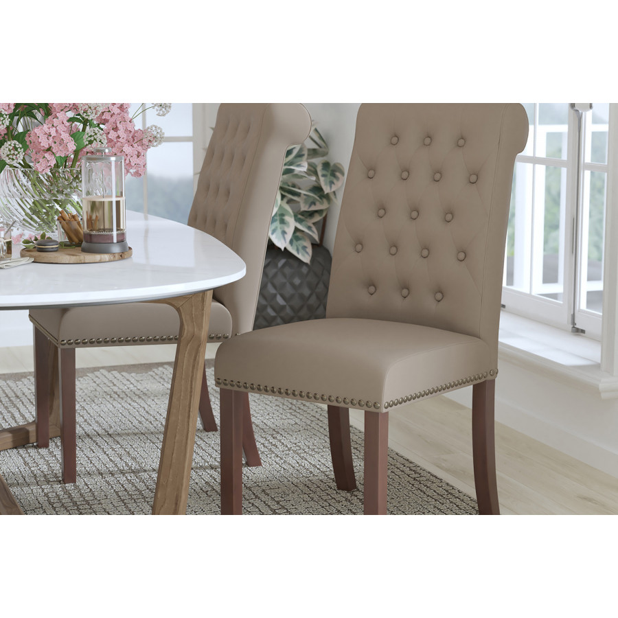 BLNK HERCULES Series LeatherSoft Parsons Chair with Rolled Back, Accent Nail Trim and Walnut Finish - Beige