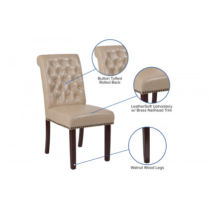 BLNK HERCULES Series LeatherSoft Parsons Chair with Rolled Back, Accent Nail Trim and Walnut Finish - Beige