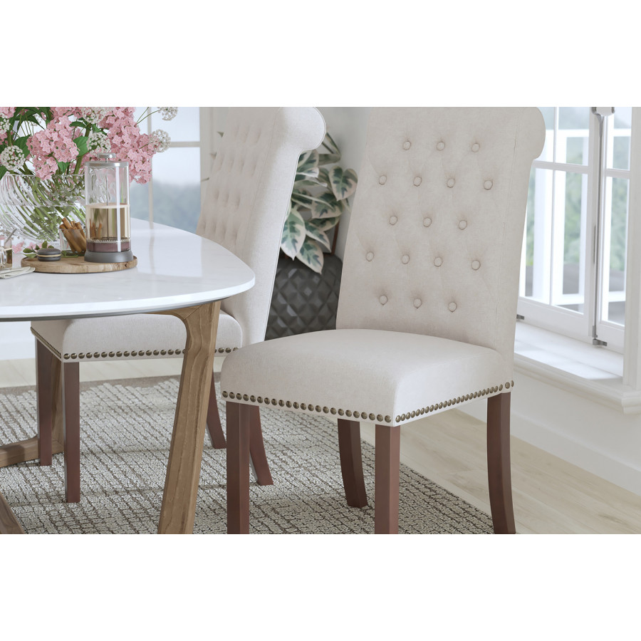 BLNK HERCULES Series Fabric Parsons Chair with Rolled Back, Accent Nail Trim and Walnut Finish - Beige