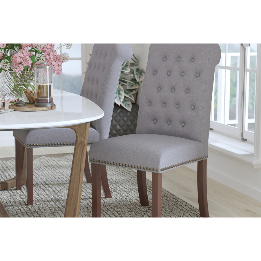 BLNK HERCULES Series Fabric Parsons Chair with Rolled Back, Accent Nail Trim and Walnut Finish - Light Gray
