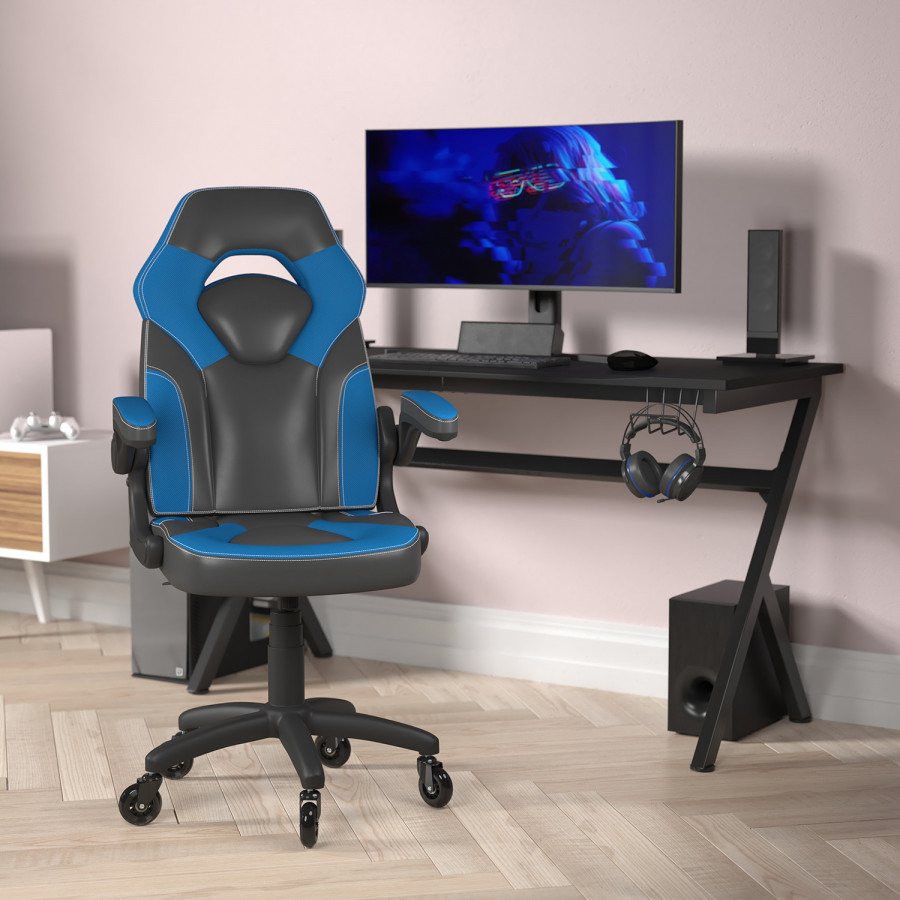 BLNK X10 Gaming Racing Office Computer PC Adjustable Chair with Flip-up Arms and Transparent Roller Wheels - Blue/Black