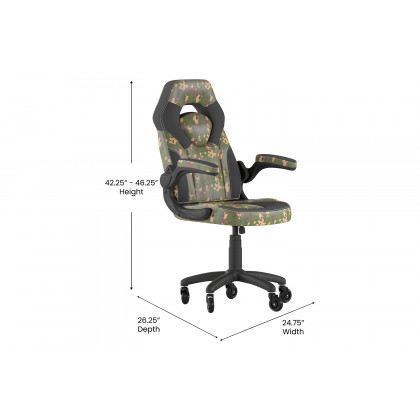 BLNK X10 Gaming Racing Computer PC Adjustable Chair with Flip-up Arms and Transparent Roller Wheels - Camouflage/Black