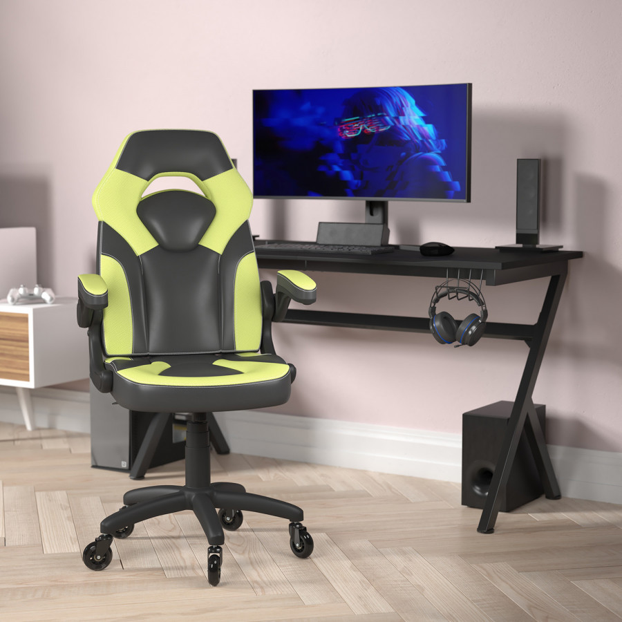 BLNK X10 Gaming Racing Computer PC Adjustable Chair with Flip-up Arms and Transparent Roller Wheels - Neon Green/Black
