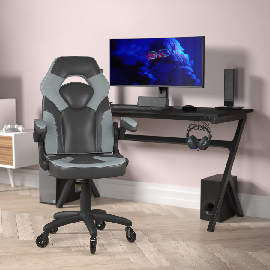 BLNK X10 Gaming Racing Office Computer PC Adjustable Chair with Flip-up Arms and Transparent Roller Wheels - Gray/Black