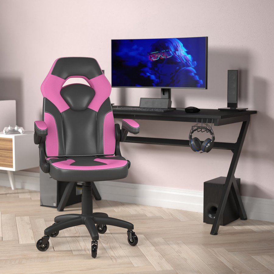 BLNK X10 Gaming Racing Office Computer PC Adjustable Chair with Flip-up Arms and Transparent Roller Wheels - Pink/Black