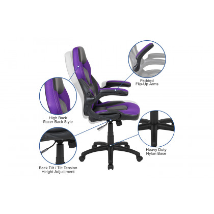 BLNK X10 Gaming Racing Office Ergonomic Computer PC Adjustable Swivel Chair with Flip-up Arms - Purple/Black