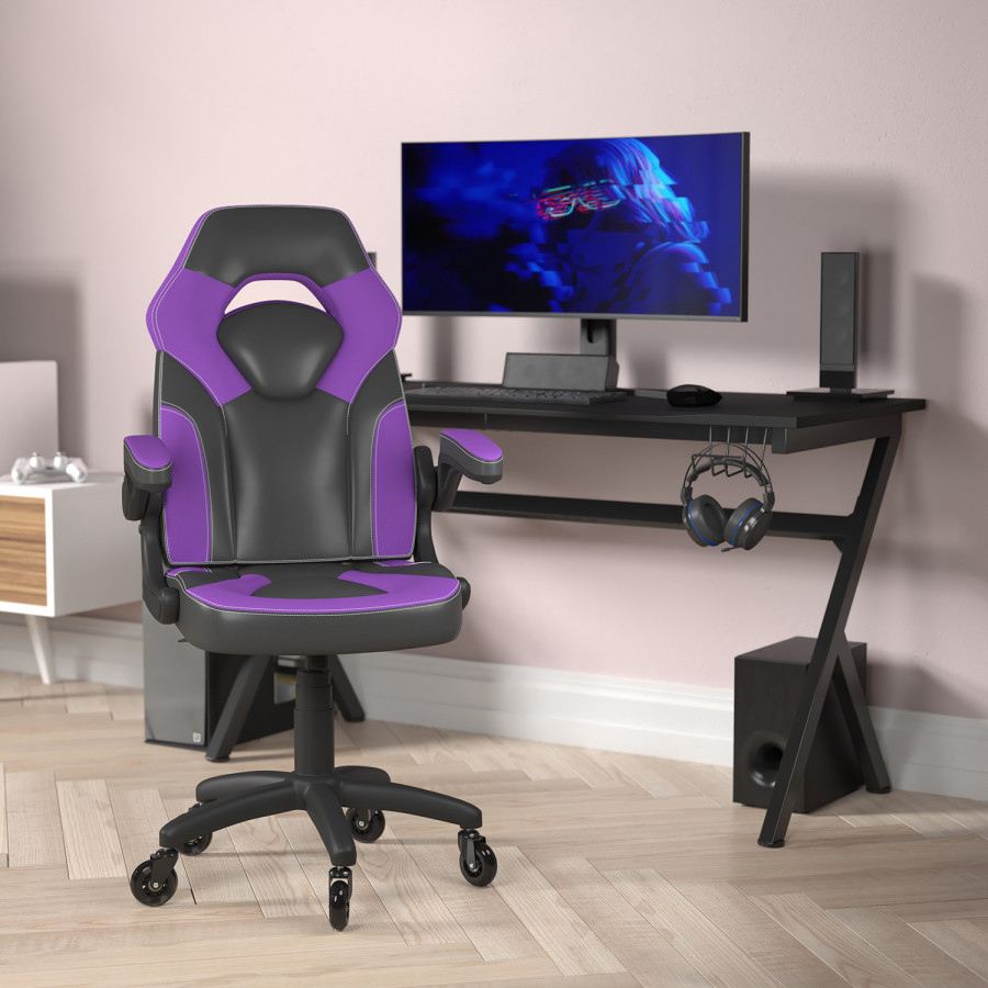 BLNK X10 Gaming Racing Office Computer PC Adjustable Chair with Flip-up Arms and Transparent Roller Wheels - Purple/Black