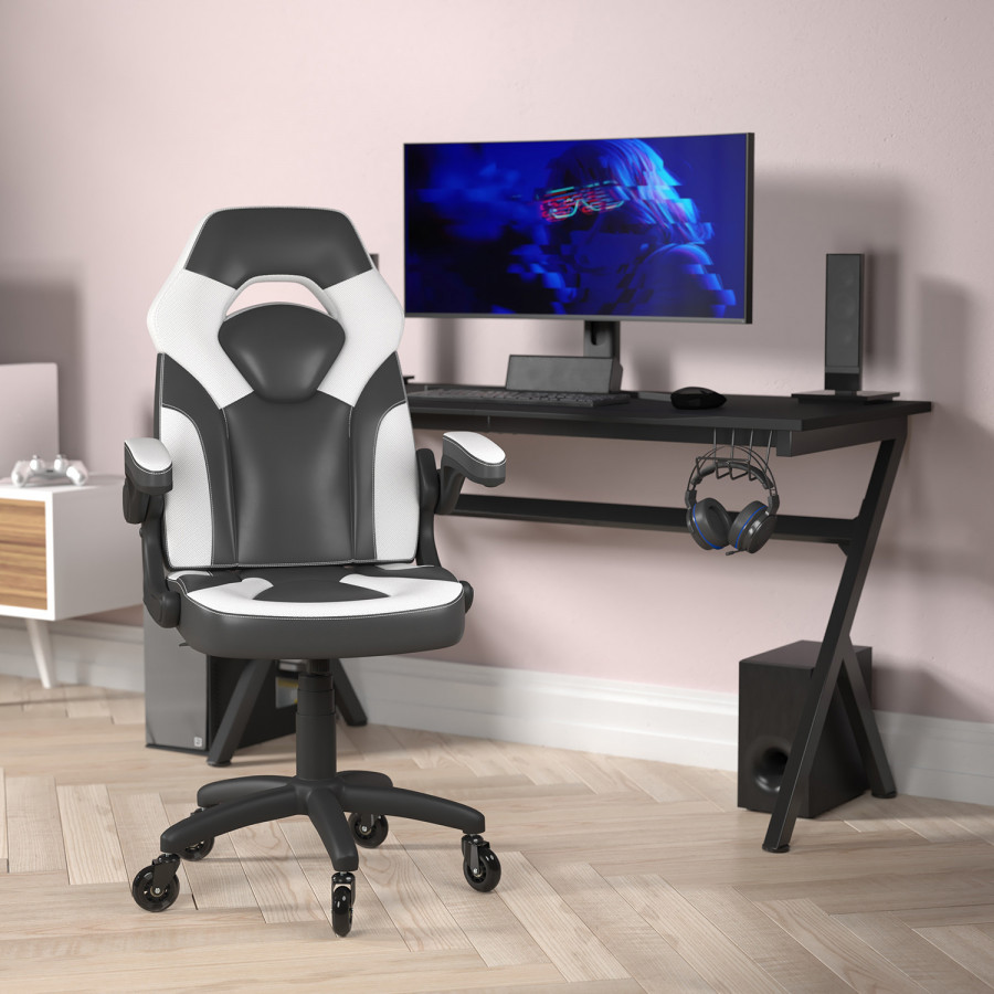 BLNK X10 Gaming Racing Office Computer PC Adjustable Chair with Flip-up Arms and Transparent Roller Wheels - White/Black