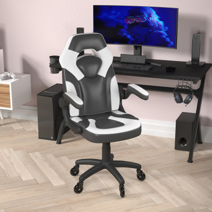 BLNK X10 Gaming Racing Office Computer PC Adjustable Chair with Flip-up Arms and Transparent Roller Wheels - White/Black