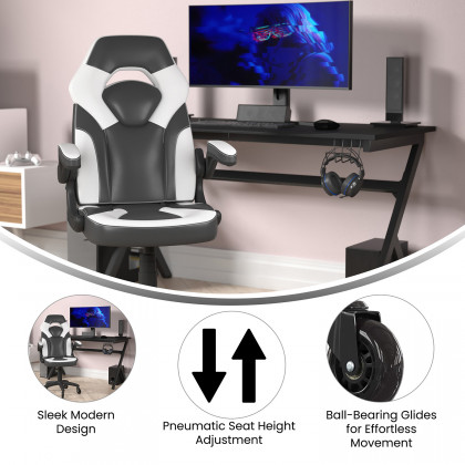 BLNK X10 Gaming Racing Office Computer PC Adjustable Chair with Flip-up Arms and Transparent Roller Wheels - White/Black