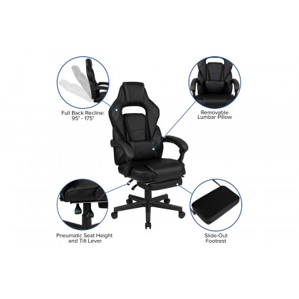 BLNK X40 Gaming Racing Ergonomic Computer Chair with Fully Reclining Back/Arms, Slide-Out Footrest, Massaging Lumbar - Black