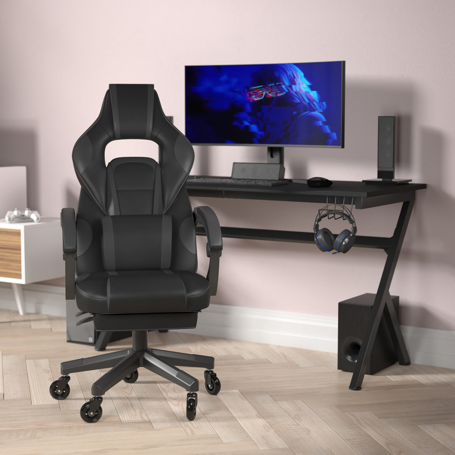 BLNK X40 Gaming Racing Computer Chair with Fully Reclining Back/Arms and Transparent Roller Wheels, Slide-Out Footrest - Black/Gray