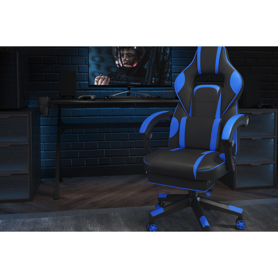BLNK X40 Gaming Racing Ergonomic Computer Chair with Fully Reclining Back/Arms, Slide-Out Footrest, Massaging Lumbar - Black/Blue